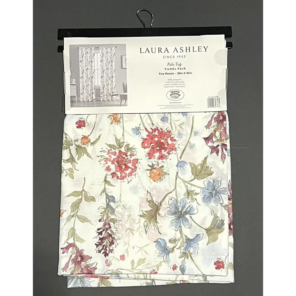 LAURA ASHLEY Wild Meadow Floral Window Curtains 2 Panels 38x96” Orange Blue Pink